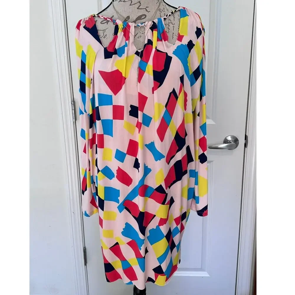 T-Bags Los Angeles Shift Dress Sz M Multicolor Tied Neck Resortwear Beachwear - Picture 1 of 7